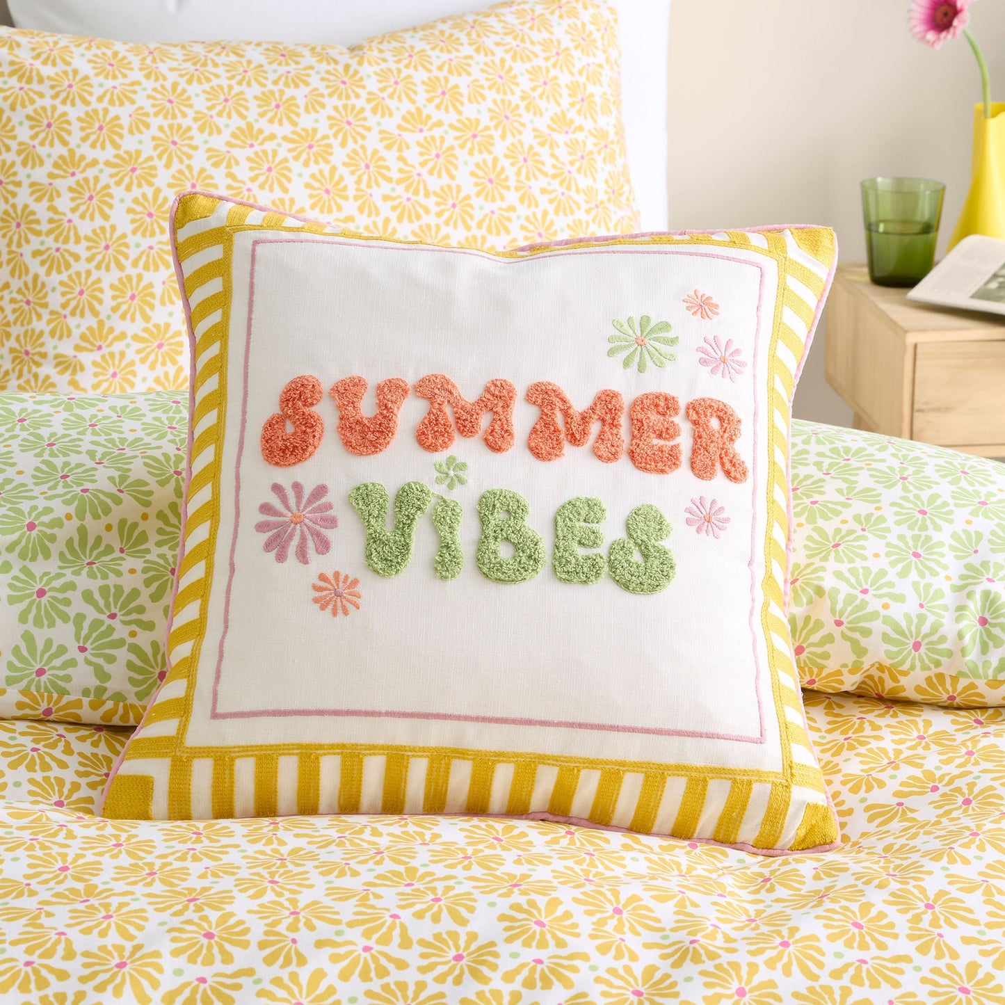 Summer Vibes Slogan Cushion in Multi