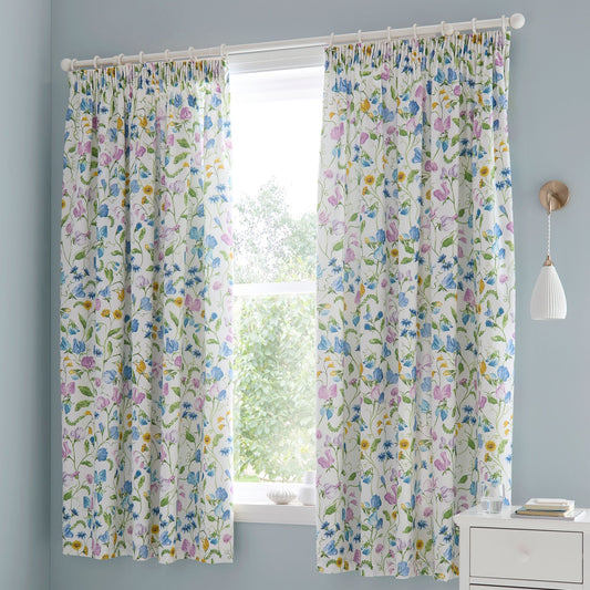 Sweetpea Floral Pair of Pencil Pleat Curtains in Lilac