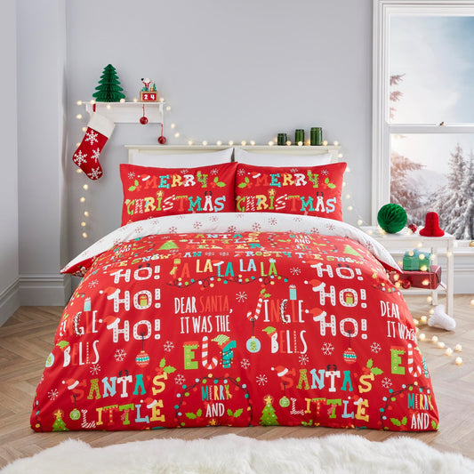 Santa's Little Helper Duvet Cover Set in Red