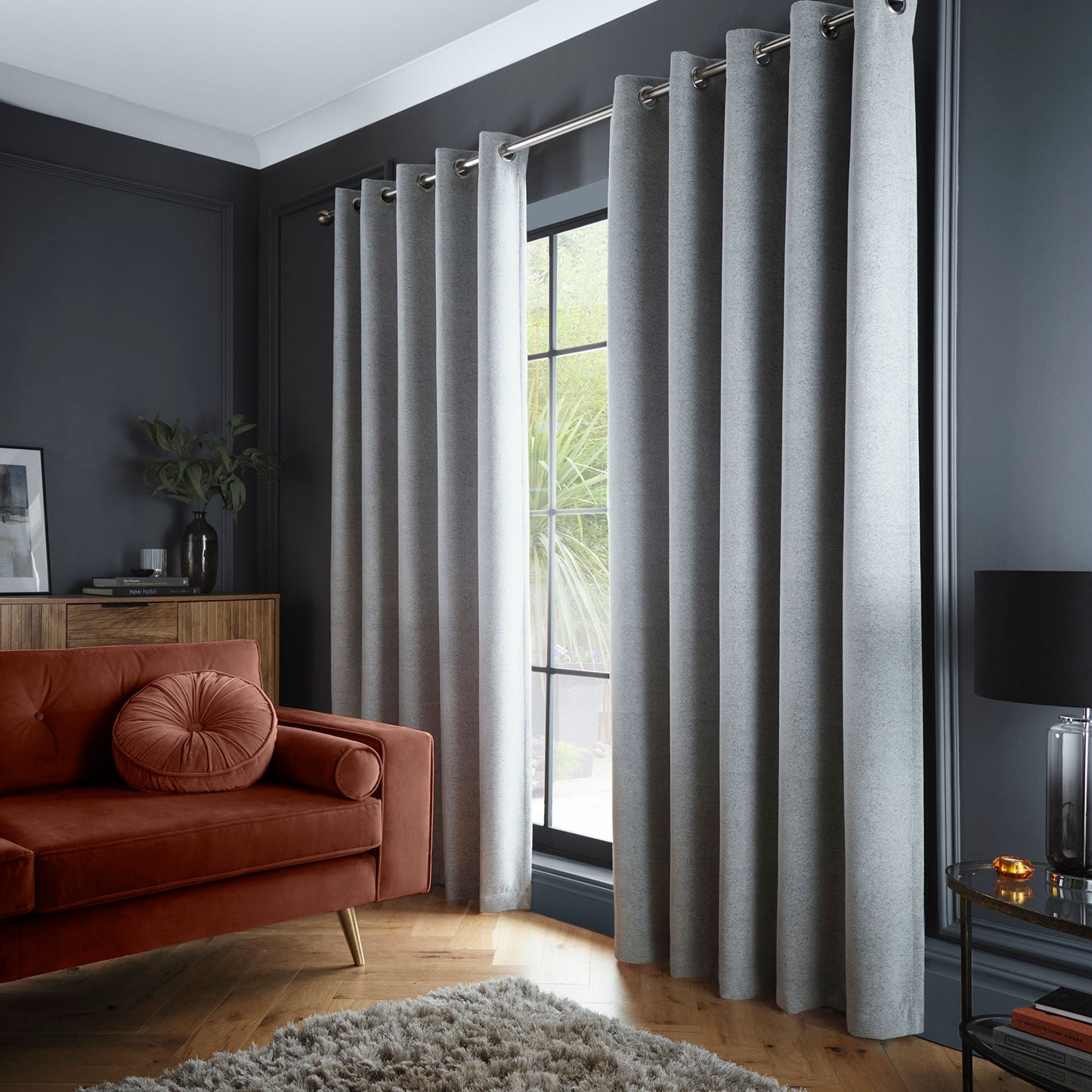 Velvet Chenille Dimout Pair of Eyelet Curtains in Grey