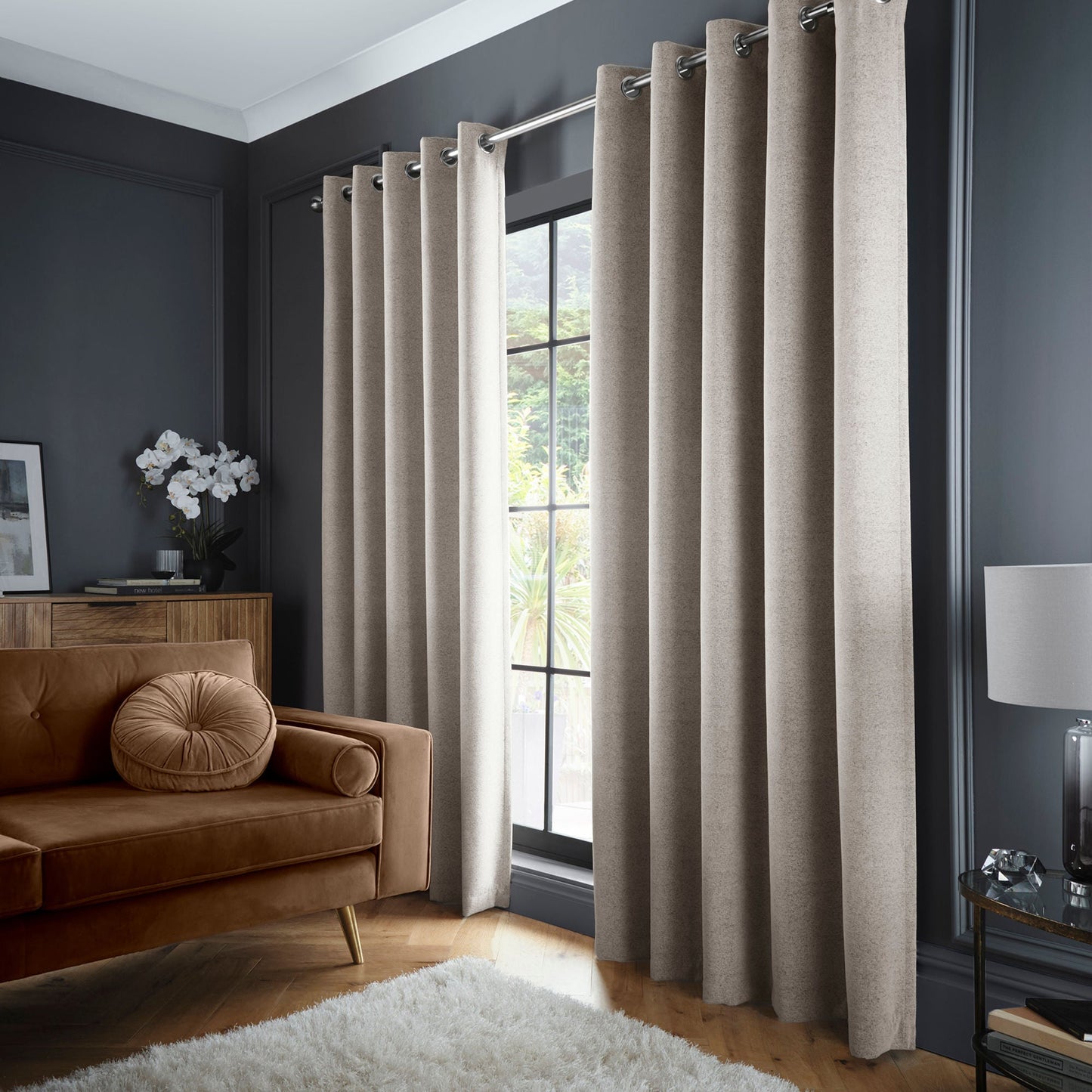 Velvet Chenille Dimout Pair of Eyelet Curtains in Natural