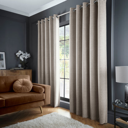 Velvet Chenille Dimout Pair of Eyelet Curtains in Natural