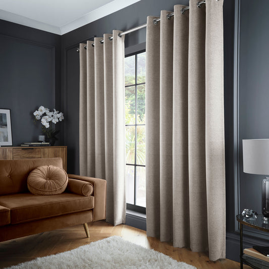 Velvet Chenille Dimout Pair of Eyelet Curtains in Natural