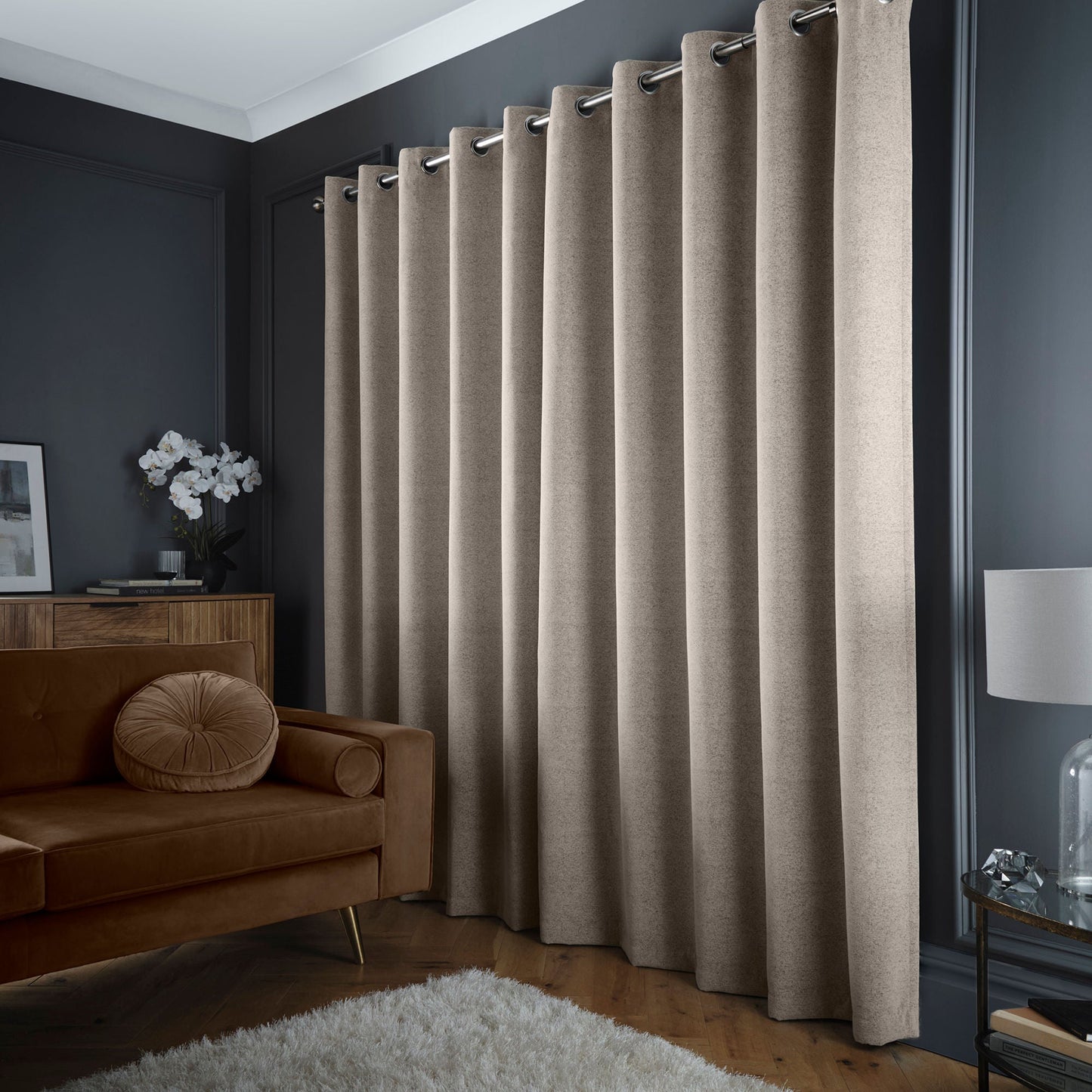 Velvet Chenille Dimout Pair of Eyelet Curtains in Natural