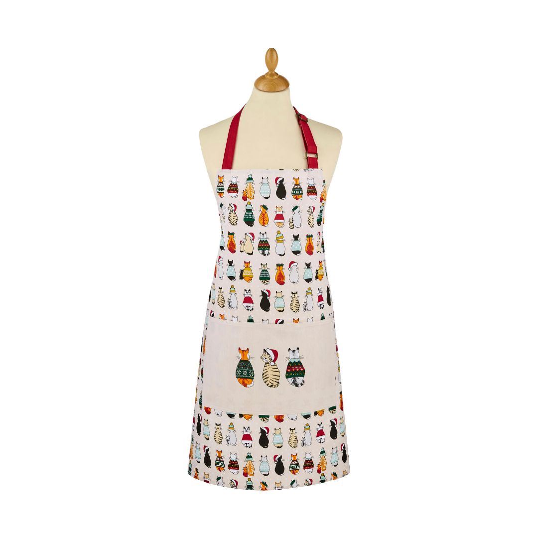 Christmas Cats in Waiting Cotton Apron in Red/Cream