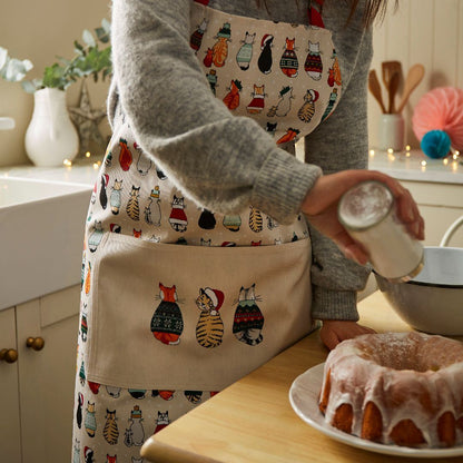 Christmas Cats in Waiting Cotton Apron in Red/Cream