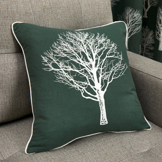 Woodland Trees Cushion in Bottle Green